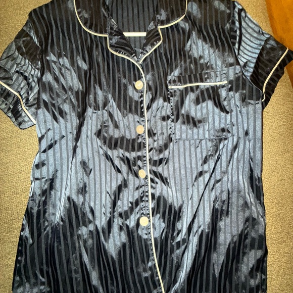 Striped Button Front Satin Pajama Set Navy Blue Size small cute comfy sexy - Picture 8 of 14